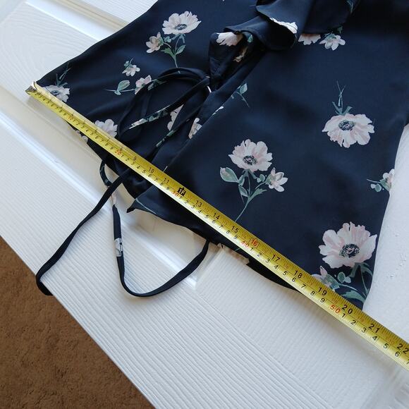 Lulus Build Me Up Buttercup Black Floral Print Wrap Top Sm sheer ruffled collar - Picture 9 of 14